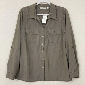 New Notations Black Tan Striped Office Career Long Sleeve Button Down Large